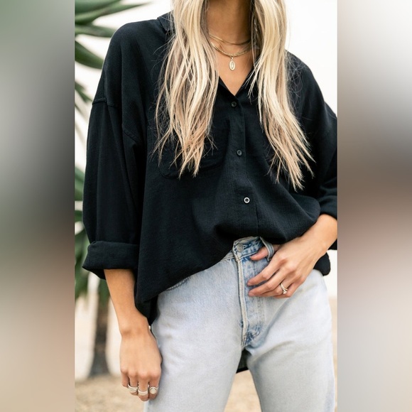 Z Supply Midnight Black Lalo Gauze Button Front Shirt - Picture 2 of 11